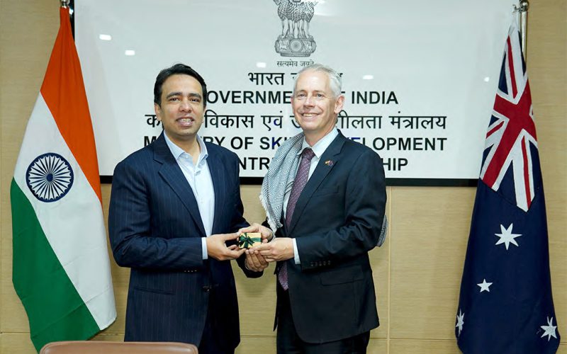 The Minister of State (Independent Charge) for Skill Development & Entrepreneurship and Education, Shri Jayant Chaudhary meets with Australian Minister for Skills and Training, Mr. Andrew Giles, in New Delhi on December 08, 2025.